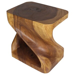 May include: A wooden side table with a unique, twisted design. The table is made of natural wood and has a rich brown color.