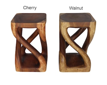 Hand-Carved Wood Vine Twist Stool Table, Sculptural Pedestal Accent, 14x14x23"