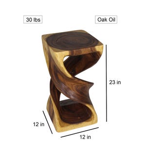 Hand-Carved Wood Double Twist Narrow Side Table, Sculptural End Table, Nightstand for Bedroom or Living Room, 12 x 12 x 23 in Oak