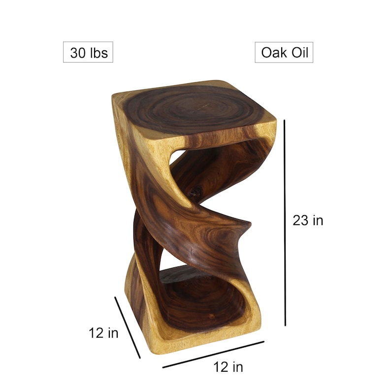 Hand-Carved Wood Double Twist Narrow Side Table, Sculptural End Table, Nightstand for Bedroom or Living Room, 12 x 12 x 23 in Oak