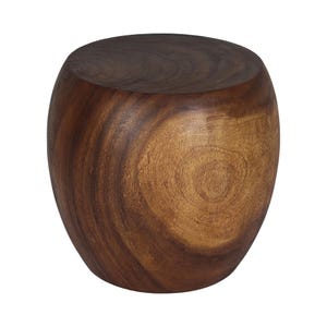 May include: A barrel-shaped stool crafted from solid wood, featuring a smooth, rounded top and a curved body. The natural wood grain displays a rich palette of dark brown and lighter amber tones, highlighting the organic circular patterns.