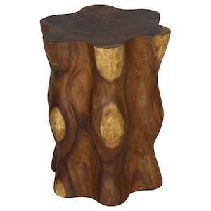 May include: A brown wooden stool with a unique, organic shape. The stool has a smooth, rounded top and a textured, wavy base.