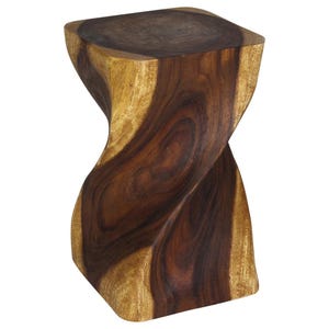 May include: A wooden stool with a unique twisted design. The stool is made of dark brown wood with a natural finish. It has a square top and a rounded base.