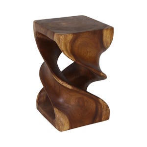 Hand Carved Wood Double Twist End Table, Walnut Finish Accent Table for Sofa & Side Table, 14 x 14 in