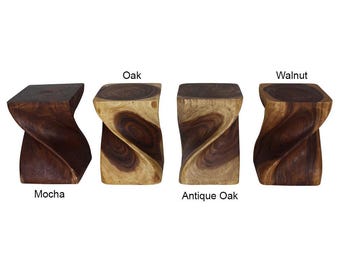 Hand-Carved Wood Twist Stool Table, Bold Sculptural Pedestal Accent, 14x14x20"