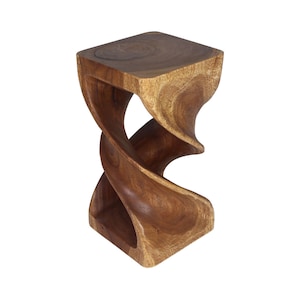 Hand-Carved Wood Double Twist Narrow Side Table, Sculptural End Table, Nightstand for Bedroom or Living Room, 12 x 12 x 23 in