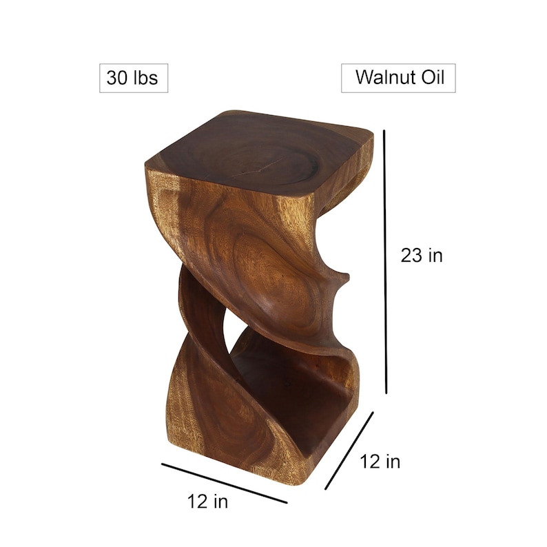 May include: A wooden stool with a unique spiral design. The stool is 23 inches tall, 12 inches wide, and 12 inches deep. It weighs 30 pounds and is finished with walnut oil.