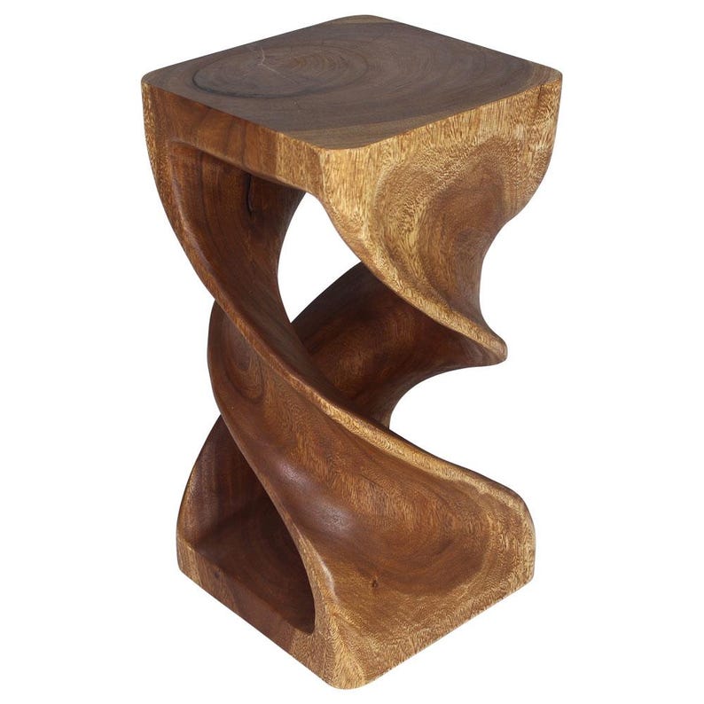 May include: A wooden stool with a unique twisted design. The stool is made of solid wood and has a natural brown finish.