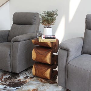 Hand-Carved Wood Wave Accent Table: Walnut Finish, Sustainable Design (12x14x25 in H)