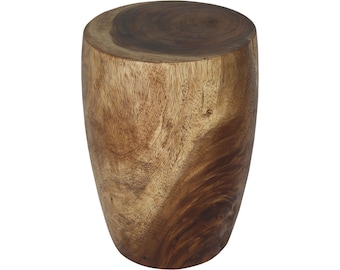 May include: A cylindrical stool crafted from a single piece of natural wood, featuring a smooth, flat top surface with visible circular grain patterns and a warm, variegated brown finish that highlights the organic texture of the wood grain.