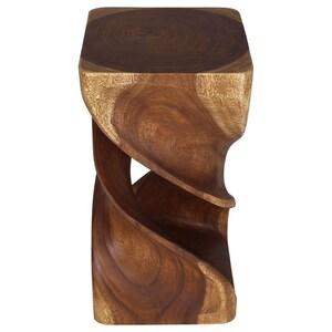 May include: A wooden stool with a unique twisted design. The stool is made of dark brown wood and has a square top.