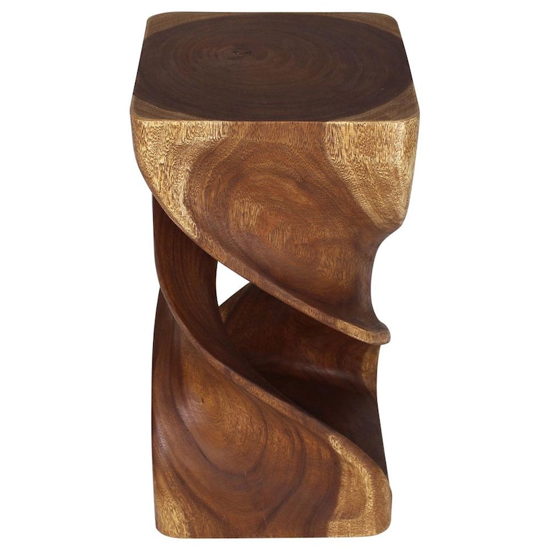 May include: A wooden stool with a unique twisted design. The stool is made of dark brown wood and has a square top.