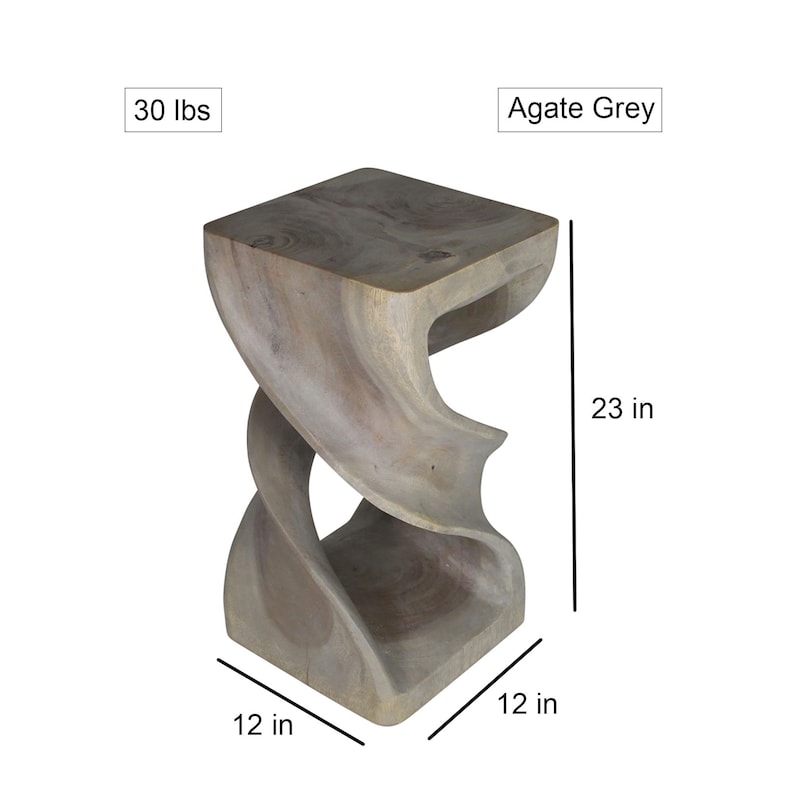 Hand-Carved Wood Double Twist Narrow Side Table, Sculptural End Table, Nightstand for Bedroom or Living Room, 12 x 12 x 23 in Grey