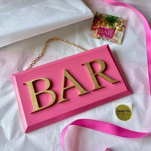 Pink Bar Sign, Bar Cart Styling, Bar Cart Decor, Bar Accessory, Small Hanging Sign, Vibrant Home Decor, Wooden Words, Typographic Gift