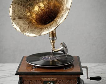 Gramófono antiguo con bocina de latón: tocadiscos fonógrafo artesanal