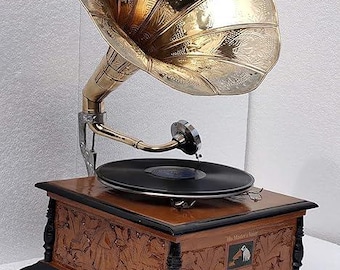 ヴィンテージ蓄音機：漏斗を内蔵したアンティークポータブルレコード