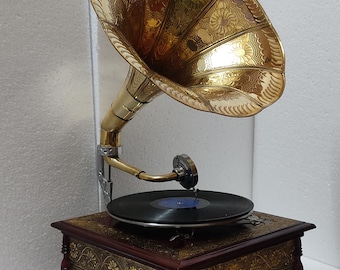 Gramófono antiguo / Bocina de latón / Fonógrafo / Tocadiscos / Decoración del hogar / Regalo /