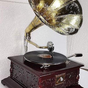 Home Decor with Engraved - Collectible Vinyl Turntable Vintage Gramophone with Horn - Classic Phonograph Record Player -Antique Music Player