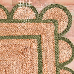 Custom Size Indian Hand Braided Rectangle Scalloped Jute Rug Scalloped Design Pattern Rug With Dark Green Jute Rug Vintage Jute Rug Boho Rug