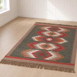 Ręcznie tkany dywan z juty wełnianej, dywan kilimowy, dywan płasko tkany z włókien naturalnych, indyjski dhurrie, dywan w stylu boho, dywan kilimowy na wymiar do salonu zdjęcie 1
