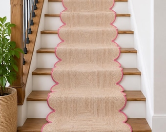 Alfombras de yute rosa tejidas a mano con bordes ondulados y festoneados para decoración de escaleras, alfombras de yute festoneadas de 2 x 8 pies, alfombras de entrada de yute de fibra natural