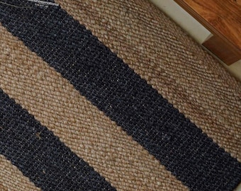 Handmade natural fibre jute rug for indoor home decor: Bohemian black striped pure jute rug, Eco friendly large area rug, Custom size rug