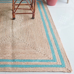 Handmade Jute Rug - Beige Rug with Turquoise Border Geometric Bedside Large Carpet