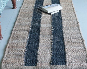 Hemp large runner jute rugs : handloomed double stripe black hemp carpet for entryway rugs