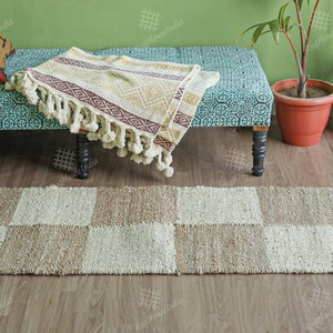 Hand Loomed Beige & Off White Checkered Jute Flatweave Customize Hemp Runner
