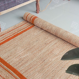 Custom Size Indian Hand Braided Rectangle Jute Rug Beige With Orange/White Border Vintage Rug Home Decor Rug Living Room Rug Bedroom Rug