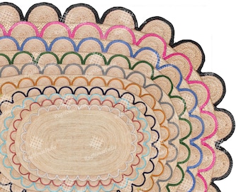 Handwoven Scalloped Oval Braided rugs for home decor, Every Color border doormat, Handmade jute carpets, Modern home boho style custom size