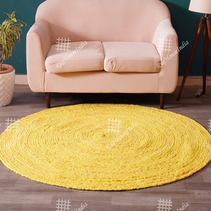 Indian Handwoven Round Cotton Dhurrie Rug, Yellow Circle Chindi Rug, Cotton Area Rug, Decorative Dhurrie Rug, Eco Friendly Rug, Bohemian Rug