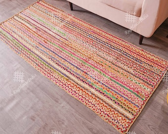 Custom Size Indian Hand Braided Cotton & Jute Rug, Multicolor Jute Cotton Rug, Decorative Sofa Rug, Bohemian Cotton Jute Rug Large Area Rug