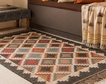 Handmade Traditional Wool Jute kilim rug for home decor, Multicolor Kilim accent jute area rug, 5x7ft Nursery jute wool carpet, eco friendly