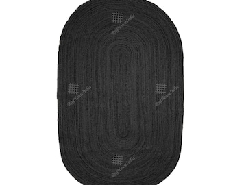 Custom Size Indian Hand Braided Black Oval Jute Rug, Natural Fiber Rug, Oval Shape Rug, Eco Friendly Rug, Jute Area Rug, Bohemian Jute Rug