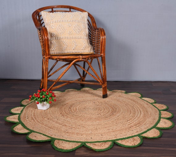 Scalloped Jute Rug Green border Jute Scallop Boho Decor Etsy