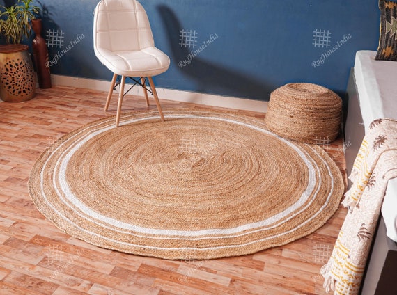 4x4, 5x5, 6x6 Jute Braided Round Rug With White Stripes Border, Natural  Fiber Rug, Handmade Rug, Round Rug for Living Room Décor Rugs 