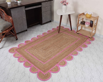 12x16 Ft Indian Hand Braided Rectangle Scalloped Jute Rug Beige Rug With Pink Scalloped Border Large Area Rug For Living Room Decorative Rug