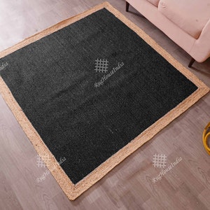 Indian Handmade Black Jute Braided Square/Rectangle Rug with Beige Border Large Area Rug Eco Friendly Rug Entryway Rug Eco Friendly Rug