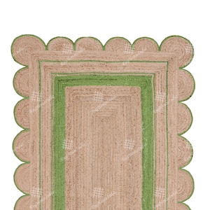 Hand Braided Rectangle Scalloped Beige Jute Rug With Light Green Border Scalloped Jute Rug Custom Size Rug Vintage Jute Rug Bohemian