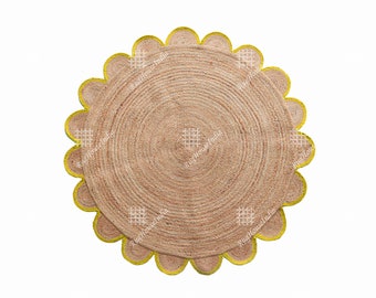 Custom Size Color Natural Jute Round Scalloped Rug Indian Hand Braided Circle Area Jute Rug Vintage Jute Rug For Living Room Decorative Rug