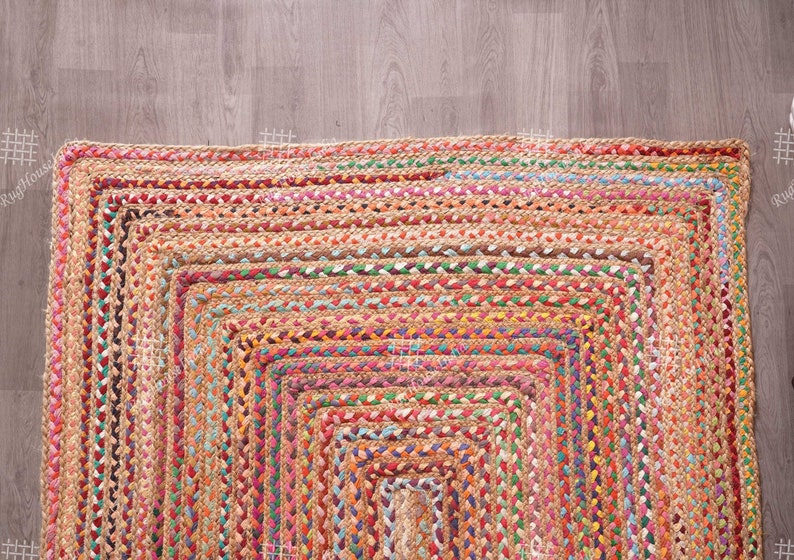 Alfombra de yute multicolor trenzada a mano india y alfombra trenzada de algodón, alfombra de yute boho, alfombra de yoga, alfombra de algodón de yute, alfombra de yute vintage imagen 9