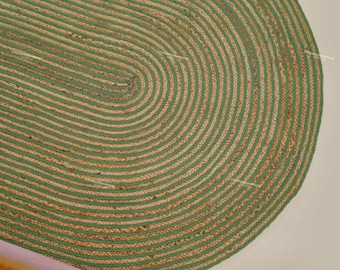 Alfombras ovaladas trenzadas de algodón y yute verde: Alfombra decorativa ovalada para el suelo, alfombra turca de yute.