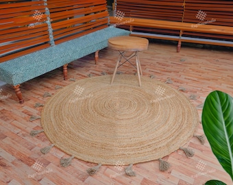 Hand Braided Natural Jute Round Rug with Fringes Natural Fiber Rug Handmade Jute Rug Round Turkish Rug Eco Friendly Home Decor Rugs
