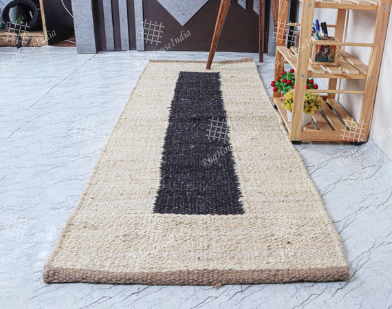 Vintage handmade Hemp jute rugs, 2x10ft runner area carpet for hallway and stair, Bohemian Hemp border pattern yoga mat, Eco friendly rug