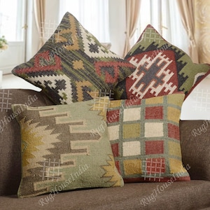 Set of 4 Natural Wool Jute Handmade 18x18 Inches Cushion Covers, Antique Look Colorful Pillowcases for Home Decor, Square Sofa Pillow Cover