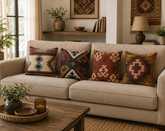 May include: Four square throw pillows arranged on a beige sofa. Each pillow features a distinct woven pattern with geometric shapes in shades of red, brown, cream, black, and blue. The fabric appears textured with a visible weave throughout the designs.
