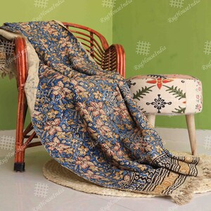 Indian Handmade Soft Cotton Throws Blankets, Hand Loom Hand Block Printed Bed Runner Boho Cotton Fringed Blanket Beach Throw