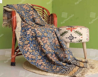 Indian Handmade Soft Cotton Throws Blankets, Hand Loom Hand Block Printed Bed Runner Boho Cotton Fringed Blanket Beach Throw