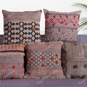 Indische Baumwolle handbedruckt 5er Set 18 x 18 Zoll Vintage Kilim Kissenbezug Bestickte Kissenbezüge, handgefertigte Kissenbezüge